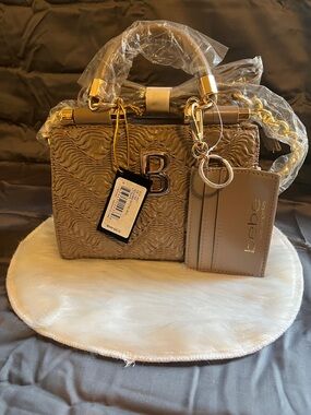 Bebe Taupe Textured Mini Satchel with Gold Hardware and Card Holder